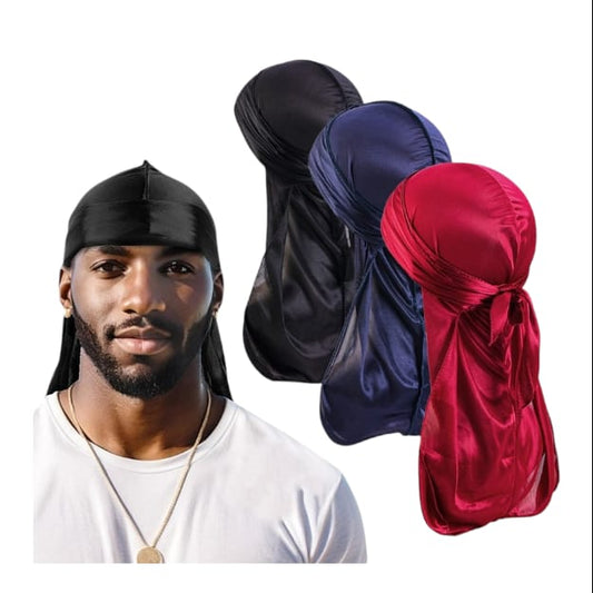 3lü Set Saten Kumaş Durag Bandana Uzun Kuyruklu Renk Siyah Beyaz Kırmızı