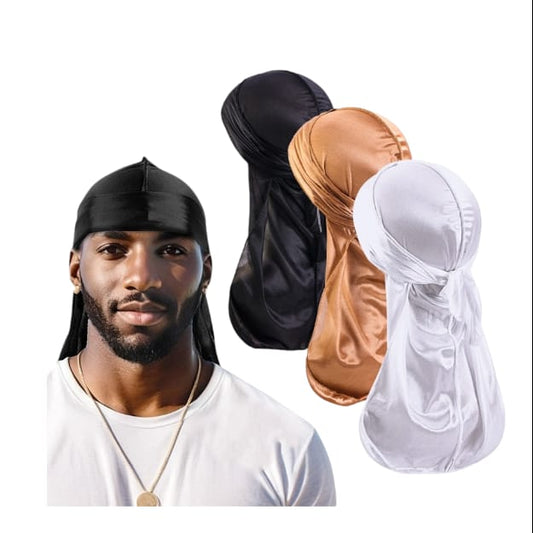 3lü Set Saten Kumaş Durag Bandana Uzun Kuyruklu Renk Siyah Beyaz Bronz