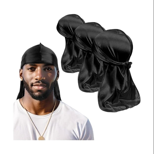 3lü Set Saten Kumaş Durag Bandana Uzun Kuyruklu Renk Siyah