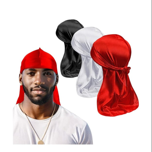 3lü Set Saten Kumaş Durag Bandana Uzun Kuyruklu Renk Siyah Beyaz Kırmızı