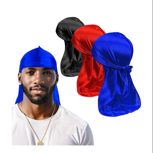 3lü Set Saten Kumaş Durag Bandana Uzun Kuyruklu Renk Siyah Kırmızı Mavi